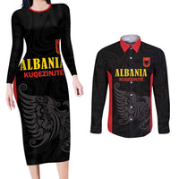 Custom Albania Football Pride Couples Matching Long Sleeve Bodycon Dress and Long Sleeve Button Shirt Kuqezinjte Eagle Black Version - Wonder Print Shop