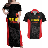 Custom Albania Football Pride Couples Matching Off Shoulder Maxi Dress and Hawaiian Shirt Kuqezinjte Eagle Black Version - Wonder Print Shop