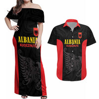Custom Albania Football Pride Couples Matching Off Shoulder Maxi Dress and Hawaiian Shirt Kuqezinjte Eagle Black Version - Wonder Print Shop