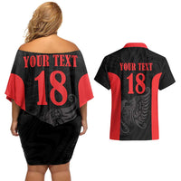 Custom Albania Football Pride Couples Matching Off Shoulder Short Dress and Hawaiian Shirt Kuqezinjte Eagle Black Version - Wonder Print Shop