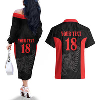 Custom Albania Football Pride Couples Matching Off The Shoulder Long Sleeve Dress and Hawaiian Shirt Kuqezinjte Eagle Black Version - Wonder Print Shop