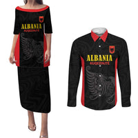 Custom Albania Football Pride Couples Matching Puletasi and Long Sleeve Button Shirt Kuqezinjte Eagle Black Version - Wonder Print Shop