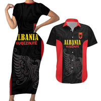 Custom Albania Football Pride Couples Matching Short Sleeve Bodycon Dress and Hawaiian Shirt Kuqezinjte Eagle Black Version - Wonder Print Shop