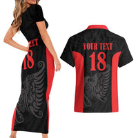 Custom Albania Football Pride Couples Matching Short Sleeve Bodycon Dress and Hawaiian Shirt Kuqezinjte Eagle Black Version - Wonder Print Shop