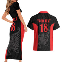 Custom Albania Football Pride Couples Matching Short Sleeve Bodycon Dress and Hawaiian Shirt Kuqezinjte Eagle Black Version - Wonder Print Shop