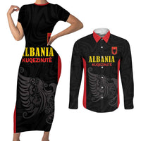 Custom Albania Football Pride Couples Matching Short Sleeve Bodycon Dress and Long Sleeve Button Shirt Kuqezinjte Eagle Black Version - Wonder Print Shop