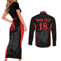 Custom Albania Football Pride Couples Matching Short Sleeve Bodycon Dress and Long Sleeve Button Shirt Kuqezinjte Eagle Black Version - Wonder Print Shop
