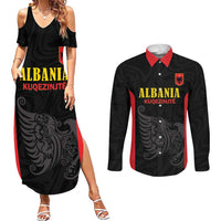 Custom Albania Football Pride Couples Matching Summer Maxi Dress and Long Sleeve Button Shirt Kuqezinjte Eagle Black Version - Wonder Print Shop