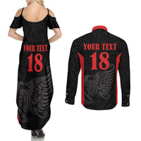 Custom Albania Football Pride Couples Matching Summer Maxi Dress and Long Sleeve Button Shirt Kuqezinjte Eagle Black Version - Wonder Print Shop