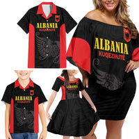 Custom Albania Football Pride Family Matching Off Shoulder Short Dress and Hawaiian Shirt Kuqezinjte Eagle Black Version - Wonder Print Shop