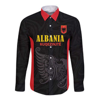 Custom Albania Football Pride Long Sleeve Button Shirt Kuqezinjte Eagle Black Version - Wonder Print Shop
