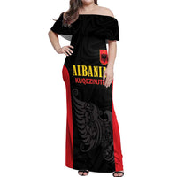 Custom Albania Football Pride Off Shoulder Maxi Dress Kuqezinjte Eagle Black Version - Wonder Print Shop