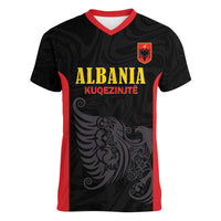 Custom Albania Football Pride Women V-Neck T-Shirt Kuqezinjte Eagle Black Version - Wonder Print Shop