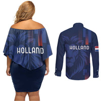 Netherlands Football Couples Matching Off Shoulder Short Dress and Long Sleeve Button Shirt Lion Head Simply Het Nederlands Elftal