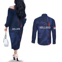 Netherlands Football Couples Matching Off The Shoulder Long Sleeve Dress and Long Sleeve Button Shirt Lion Head Simply Het Nederlands Elftal