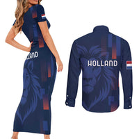 Netherlands Football Couples Matching Short Sleeve Bodycon Dress and Long Sleeve Button Shirt Lion Head Simply Het Nederlands Elftal
