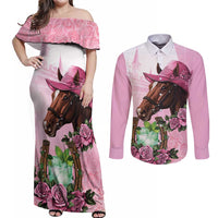 Kentucky Horse Racing Couples Matching Off Shoulder Maxi Dress and Long Sleeve Button Shirt Mint Julep Cocktail