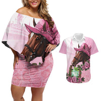 Kentucky Horse Racing Couples Matching Off Shoulder Short Dress and Hawaiian Shirt Mint Julep Cocktail