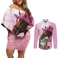 Kentucky Horse Racing Couples Matching Off Shoulder Short Dress and Long Sleeve Button Shirt Mint Julep Cocktail