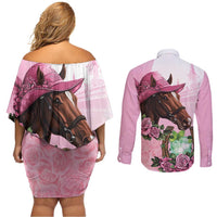 Kentucky Horse Racing Couples Matching Off Shoulder Short Dress and Long Sleeve Button Shirt Mint Julep Cocktail