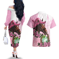 Kentucky Horse Racing Couples Matching Off The Shoulder Long Sleeve Dress and Hawaiian Shirt Mint Julep Cocktail
