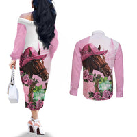 Kentucky Horse Racing Couples Matching Off The Shoulder Long Sleeve Dress and Long Sleeve Button Shirt Mint Julep Cocktail