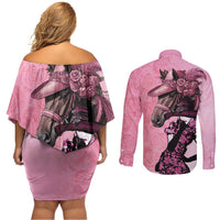 Kentucky Horse Racing Couples Matching Off Shoulder Short Dress and Long Sleeve Button Shirt Derby Ladies With Roses