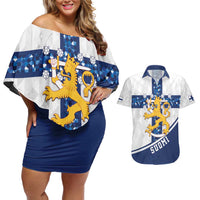 Custom Finland Football Couples Matching Off Shoulder Short Dress and Hawaiian Shirt Suomen jalkapallomaajoukkue