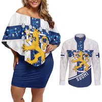 Custom Finland Football Couples Matching Off Shoulder Short Dress and Long Sleeve Button Shirt Suomen jalkapallomaajoukkue