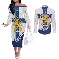 Custom Finland Football Couples Matching Off The Shoulder Long Sleeve Dress and Long Sleeve Button Shirt Suomen jalkapallomaajoukkue