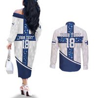 Custom Finland Football Couples Matching Off The Shoulder Long Sleeve Dress and Long Sleeve Button Shirt Suomen jalkapallomaajoukkue