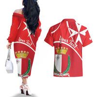Personalized Malta Cross Coat Of Arms Couples Matching Off The Shoulder Long Sleeve Dress and Hawaiian Shirt - Wonder Print Shop