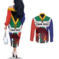 Personalized South Africa Heritage Day Couples Matching Off The Shoulder Long Sleeve Dress and Long Sleeve Button Shirt Flag Style