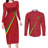 Custom Saint Kitts And Nevis Football Couples Matching Long Sleeve Bodycon Dress and Long Sleeve Button Shirt Sugar Boyz Red Version - Wonder Print Shop