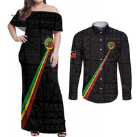 Custom Saint Kitts And Nevis Football Couples Matching Off Shoulder Maxi Dress and Long Sleeve Button Shirt Sugar Boyz Black Version - Wonder Print Shop