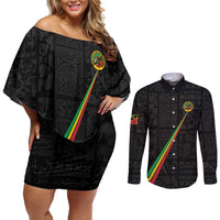 Custom Saint Kitts And Nevis Football Couples Matching Off Shoulder Short Dress and Long Sleeve Button Shirt Sugar Boyz Black Version - Wonder Print Shop