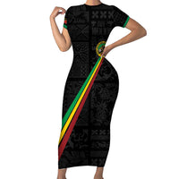 Custom Saint Kitts And Nevis Football Family Matching Short Sleeve Bodycon Dress and Hawaiian Shirt Sugar Boyz Black Version - Wonder Print Shop