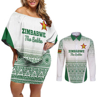 Custom Zimbabwe Rugby Couples Matching Off Shoulder Short Dress and Long Sleeve Button Shirt Sables African Patterns - Wonder Print Shop