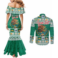 Personalized Mexico Christmas Couples Matching Mermaid Dress and Long Sleeve Button Shirt Coat Of Arms With Aztec Mexican Patterns