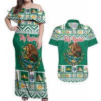 Personalized Mexico Christmas Couples Matching Off Shoulder Maxi Dress and Hawaiian Shirt Coat Of Arms With Aztec Mexican Patterns - Wonder Print Shop