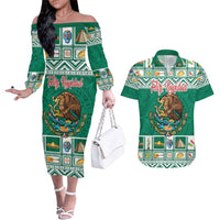 Personalized Mexico Christmas Couples Matching Off The Shoulder Long Sleeve Dress and Hawaiian Shirt Coat Of Arms With Aztec Mexican Patterns - Wonder Print Shop