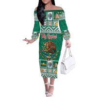 Personalized Mexico Christmas Family Matching Off The Shoulder Long Sleeve Dress and Hawaiian Shirt Coat Of Arms With Aztec Mexican Patterns - Wonder Print Shop