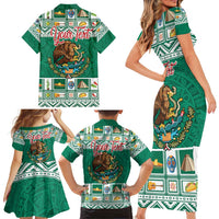 Personalized Mexico Christmas Family Matching Short Sleeve Bodycon Dress and Hawaiian Shirt Coat Of Arms With Aztec Mexican Patterns - Wonder Print Shop