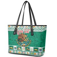 Personalized Mexico Christmas Leather Tote Bag Coat Of Arms With Aztec Mexican Patterns - Wonder Print Shop