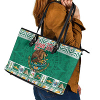 Personalized Mexico Christmas Leather Tote Bag Coat Of Arms With Aztec Mexican Patterns - Wonder Print Shop
