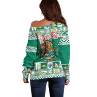 Personalized Mexico Christmas Off Shoulder Sweater Coat Of Arms With Aztec Mexican Patterns - Wonder Print Shop