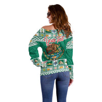 Personalized Mexico Christmas Off Shoulder Sweater Coat Of Arms With Aztec Mexican Patterns - Wonder Print Shop
