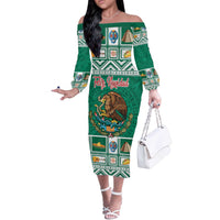 Personalized Mexico Christmas Off The Shoulder Long Sleeve Dress Coat Of Arms With Aztec Mexican Patterns - Wonder Print Shop