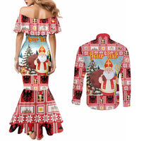 Personalized Germany Frohe Weihnachten Couples Matching Mermaid Dress and Long Sleeve Button Shirt Cute Saint Nicholas With Christmas Tree