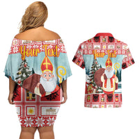 Personalized Germany Frohe Weihnachten Couples Matching Off Shoulder Short Dress and Hawaiian Shirt Cute Saint Nicholas With Christmas Tree - Wonder Print Shop